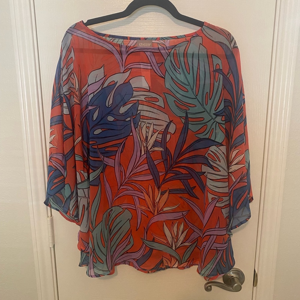 Chico's red/blue tropical print blouse poncho with Relaxed Fit